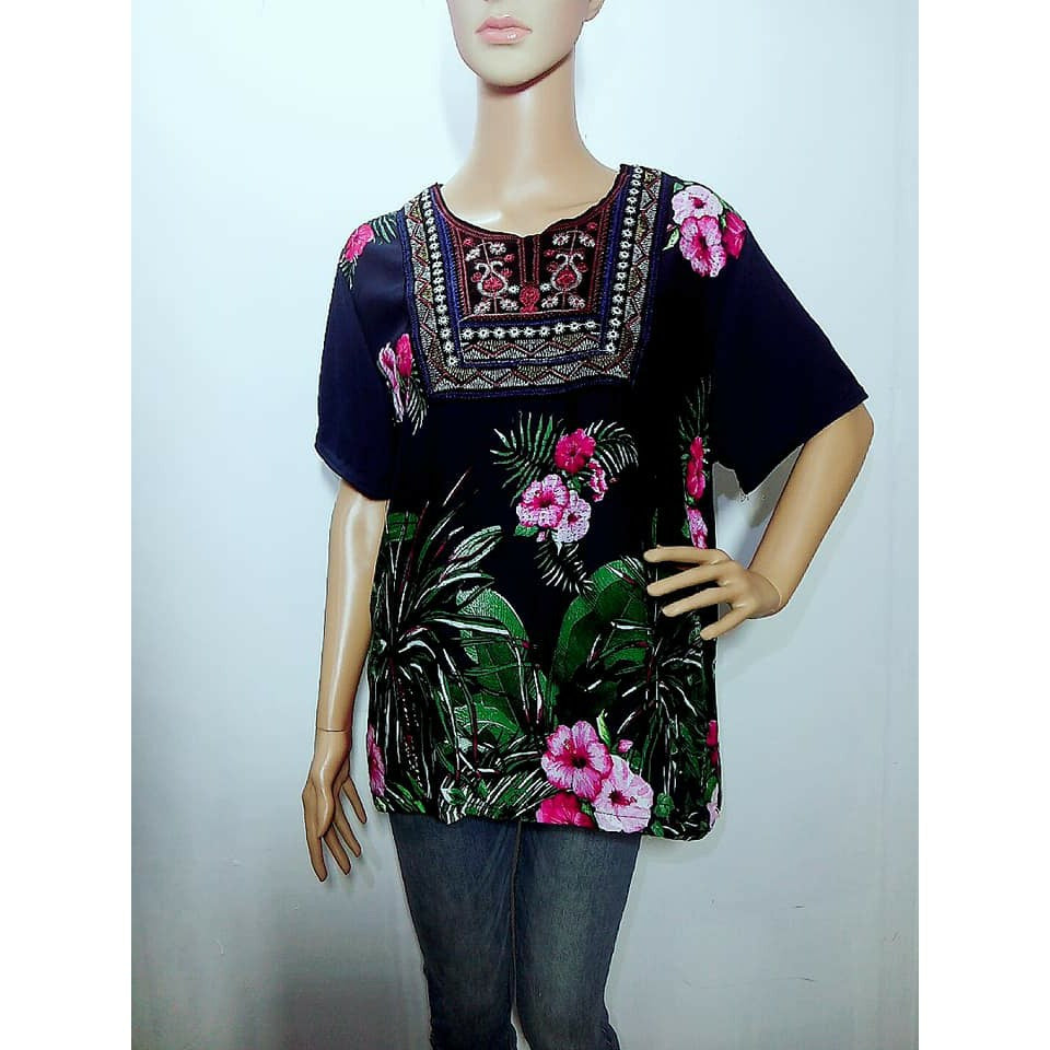 Produk Baru 2019 Blouse Sulaman Di Leher Bulat Longgar Bersize Besar